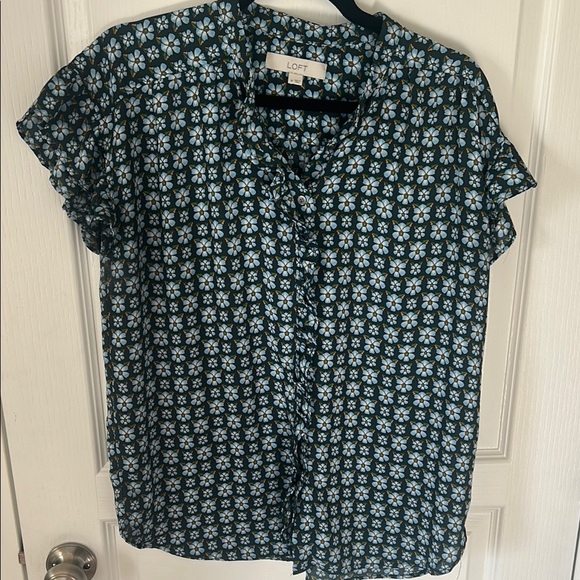 LOFT White and Blue Boxy Mandarin Collar Blouse - Picture 1 of 5